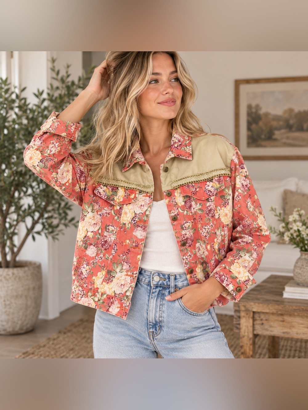 Endless Rose Vici Jacket Womens Medium Peach Floral Denim